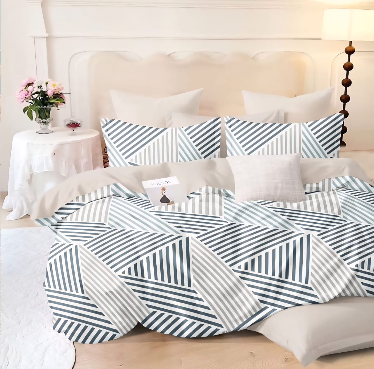 Pastel Floral Bedsheet in White, Peach, and Blue