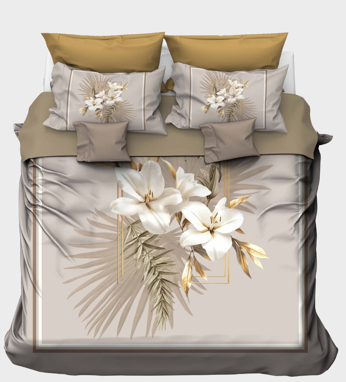Luxury White Lilies & Gold Palm Fronds Bedsheet