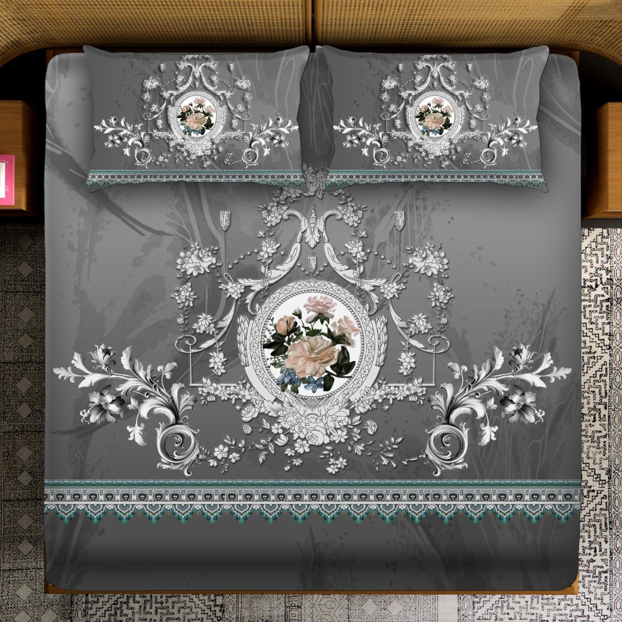 Moody Floral Crest with Framed Roses Bedsheet