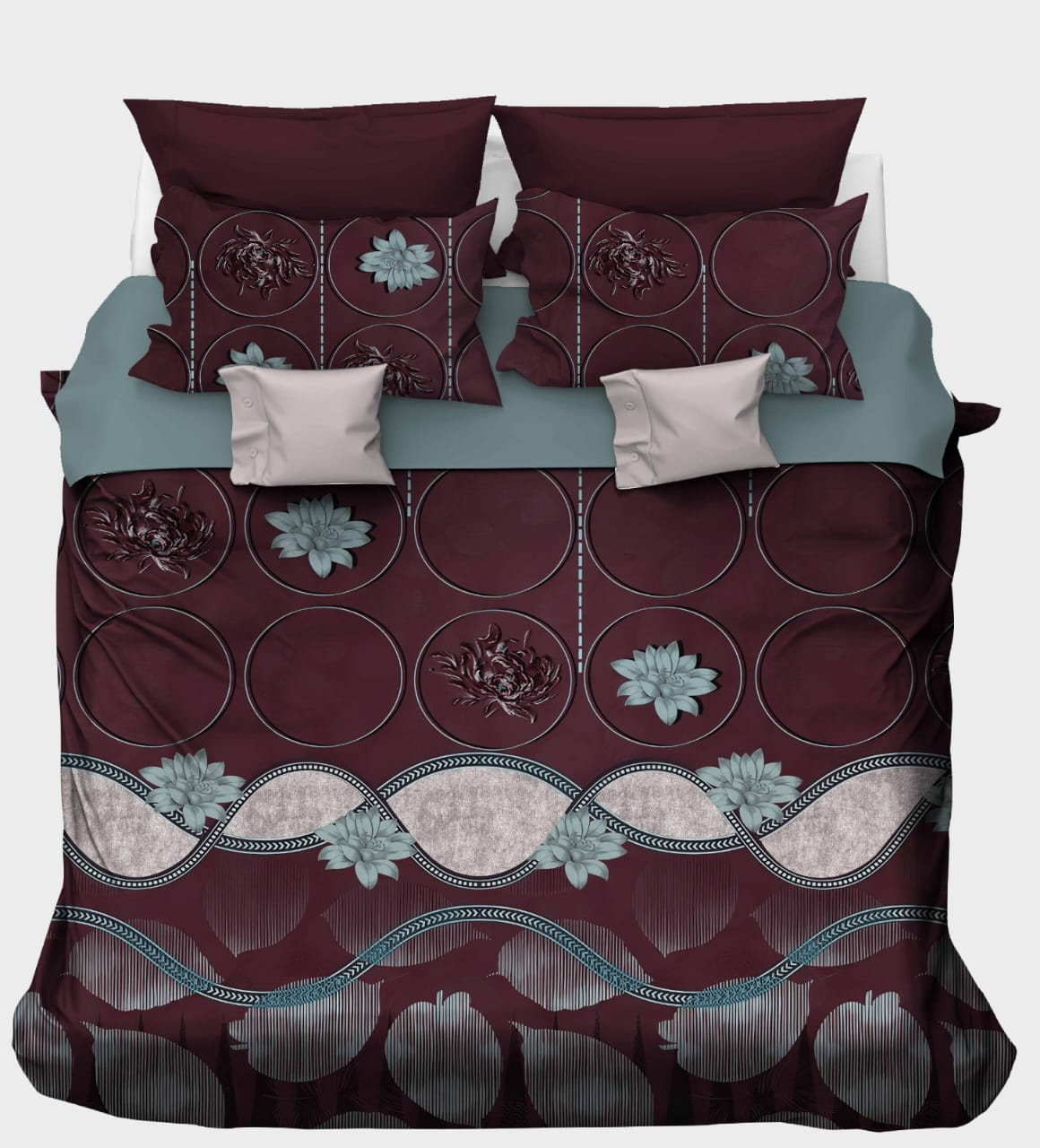 Deep Maroon with Embossed Circles & Floral Border Bedsheet