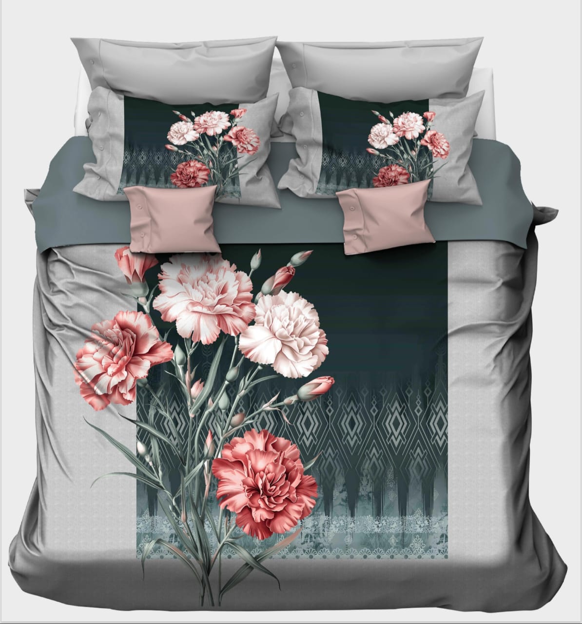Oversized Coral Carnations on Charcoal Bedsheet