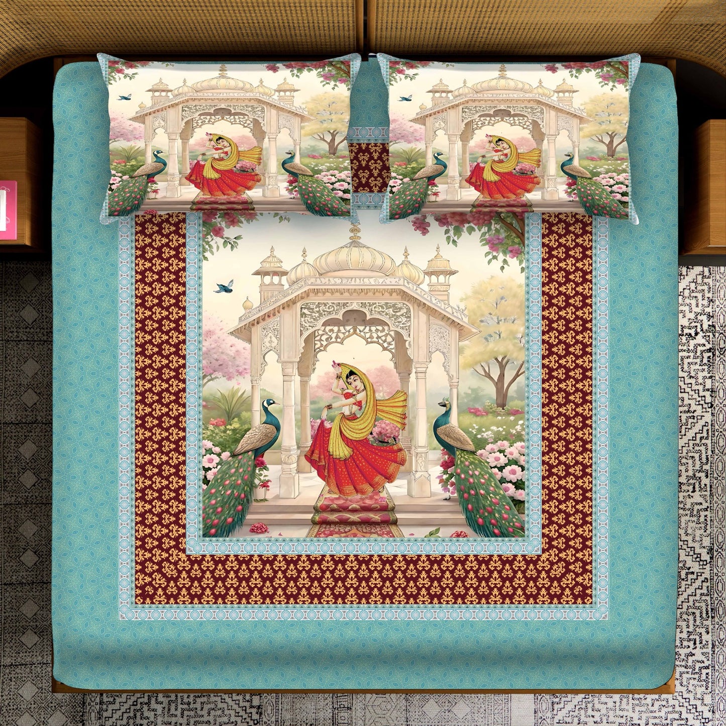 Traditional Indian Court with Peacocks Bedsheet