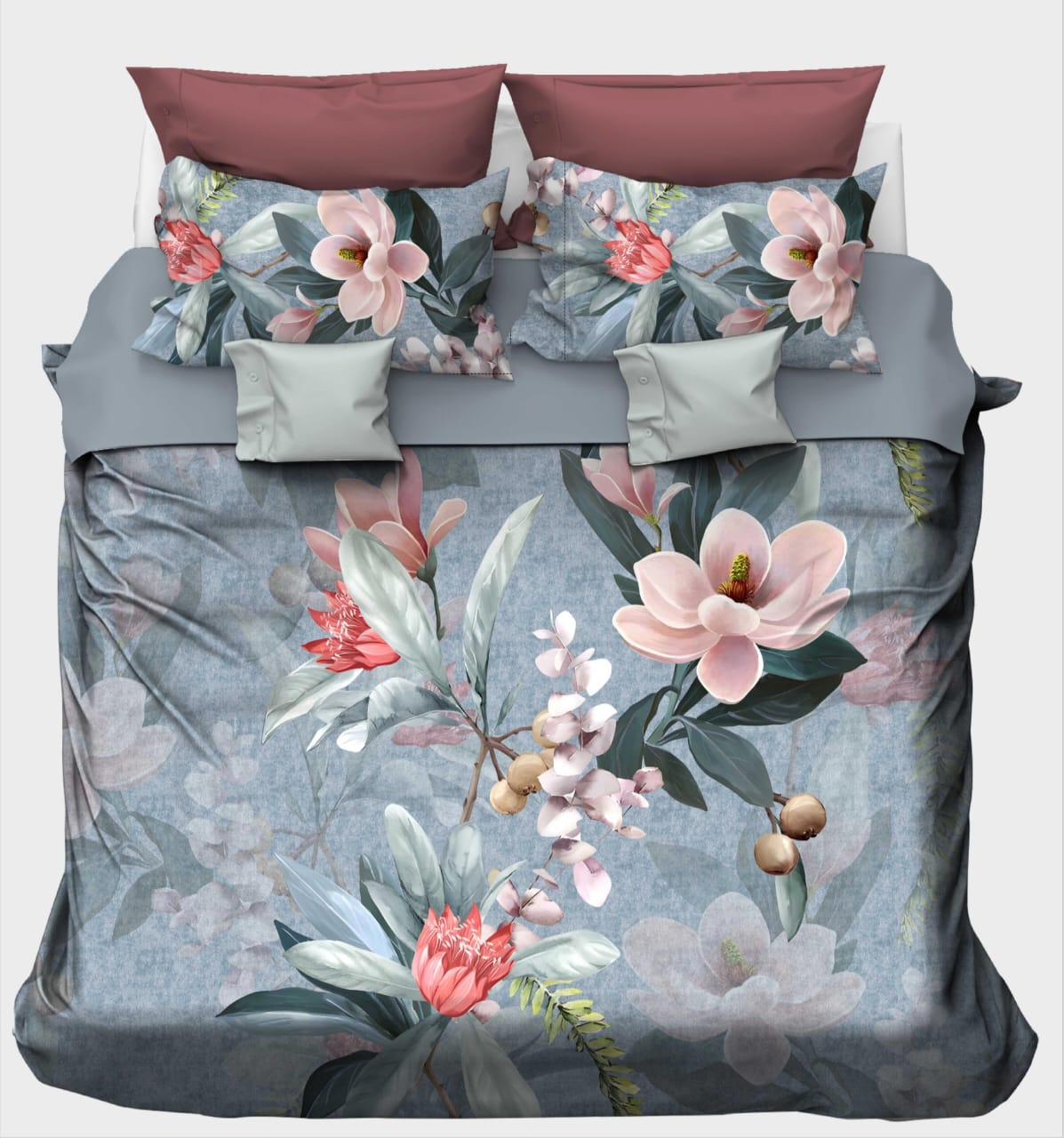 Moody Pink Magnolia on Slate Blue Bedsheet