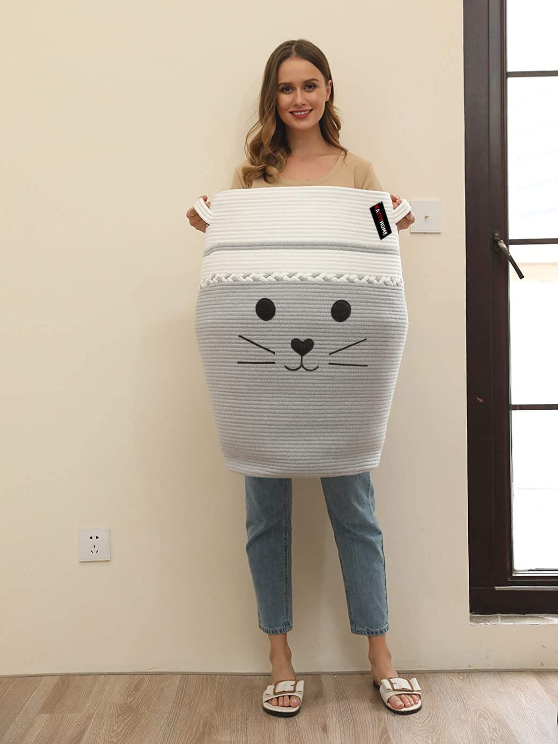 Gray and White Rope Hamper with Cat Face