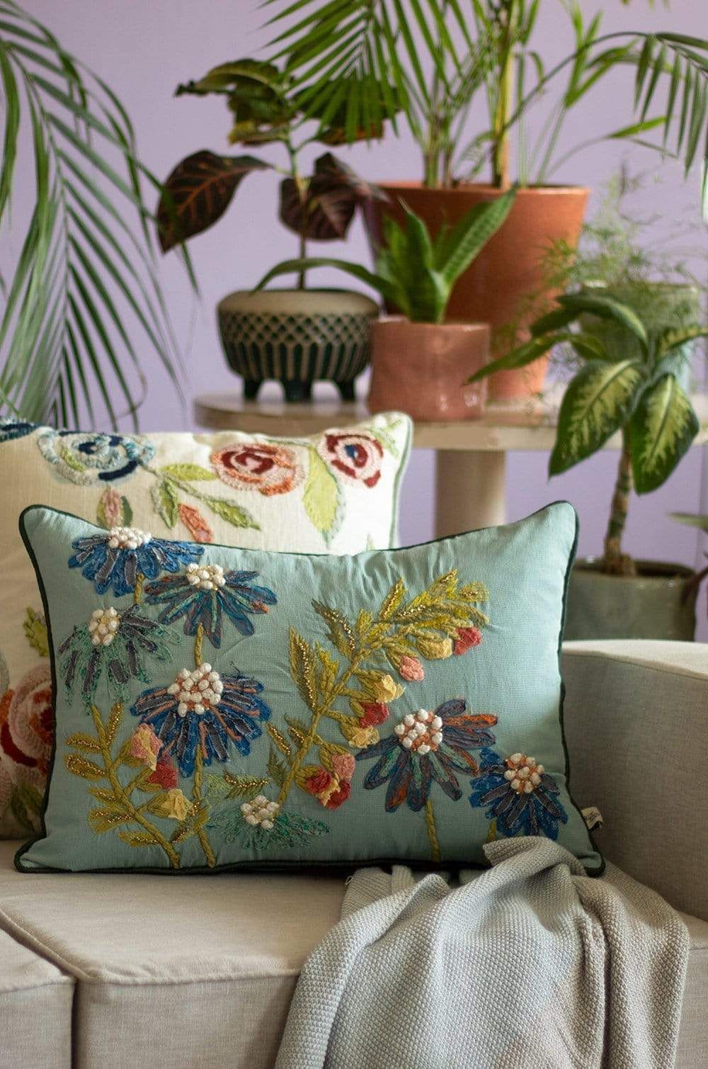 Opulent Botanical Floral Embroidery Pillow Cover