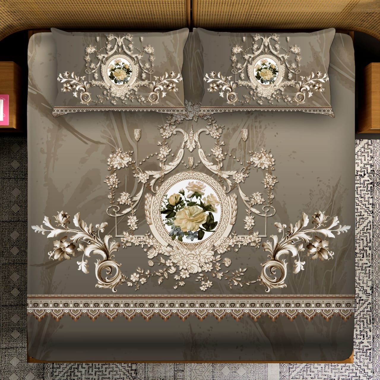 Antique Gold Floral Crest on Taupe Bedsheet