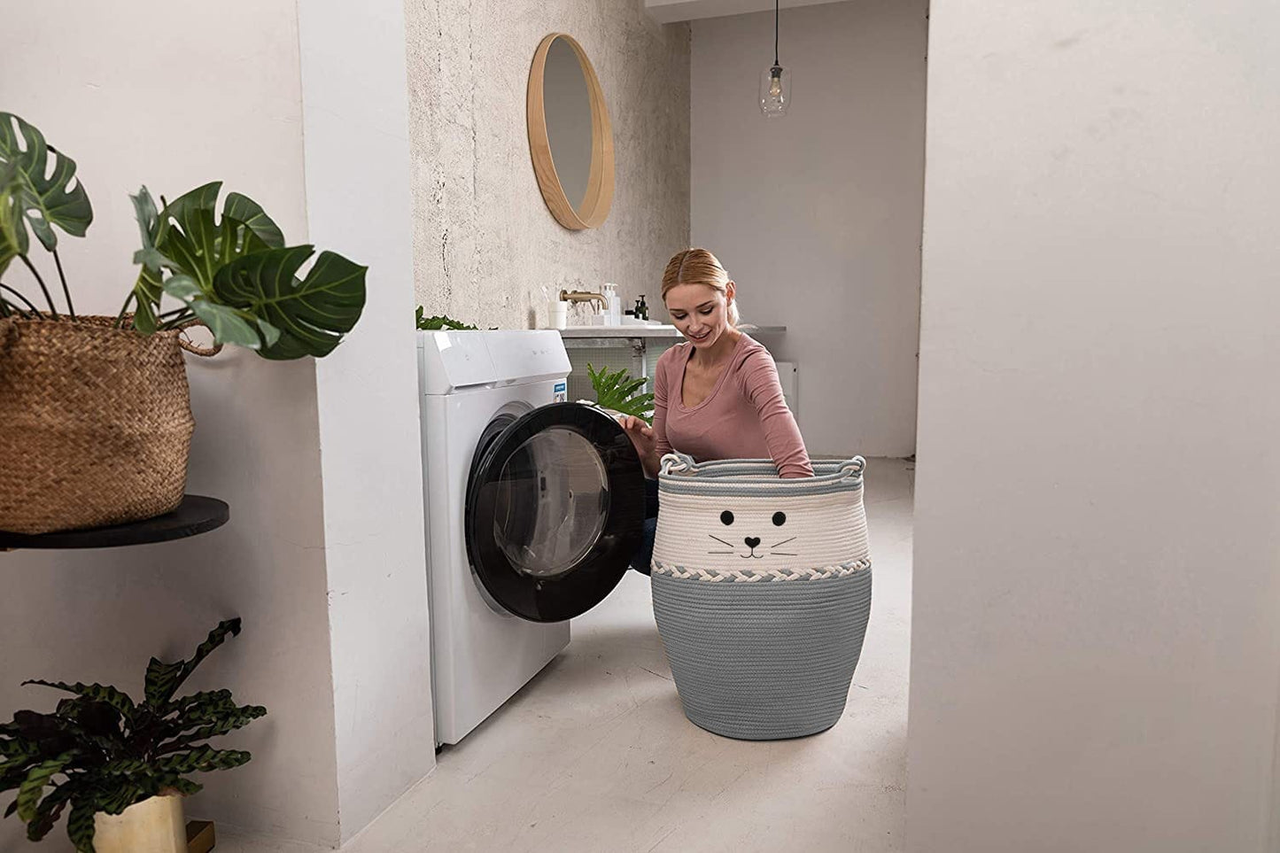 Gray and White Rope Hamper with Cat Face