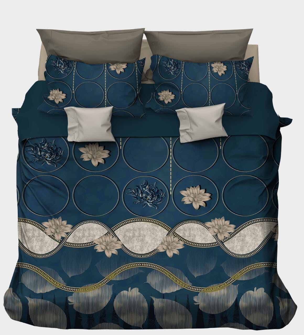 Navy Blue with Lotus Flowers & Gold Chain Border Bedsheet
