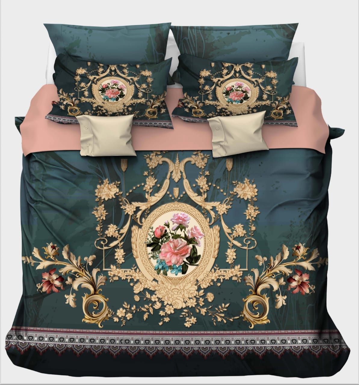 Opulent Gold Floral Crest on Deep Teal Bedsheet