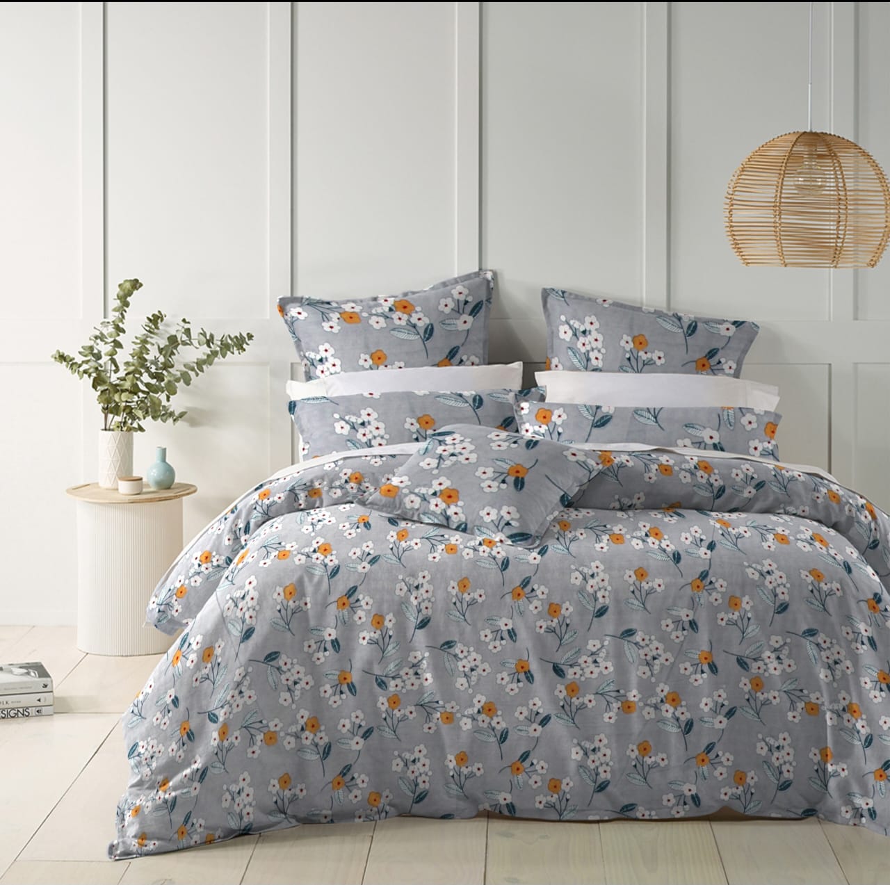 White & Marigold Orange Florals on Dusty Gray Bedsheet