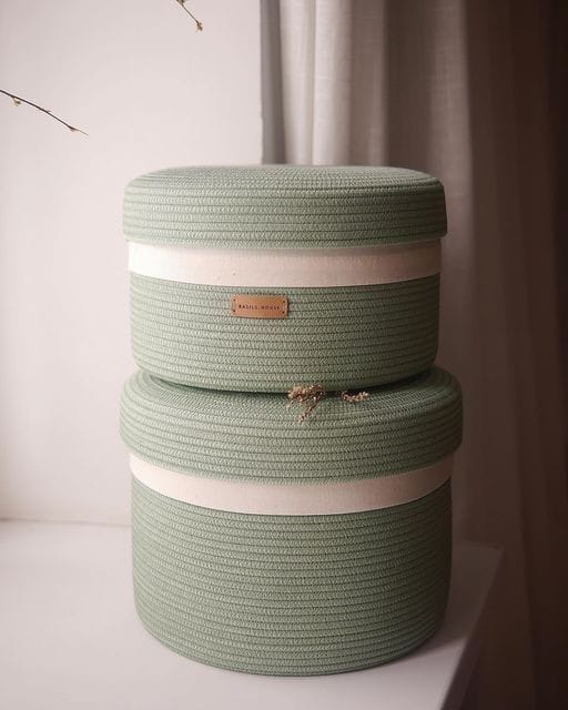 Sage Green Nesting Baskets with White Stripe