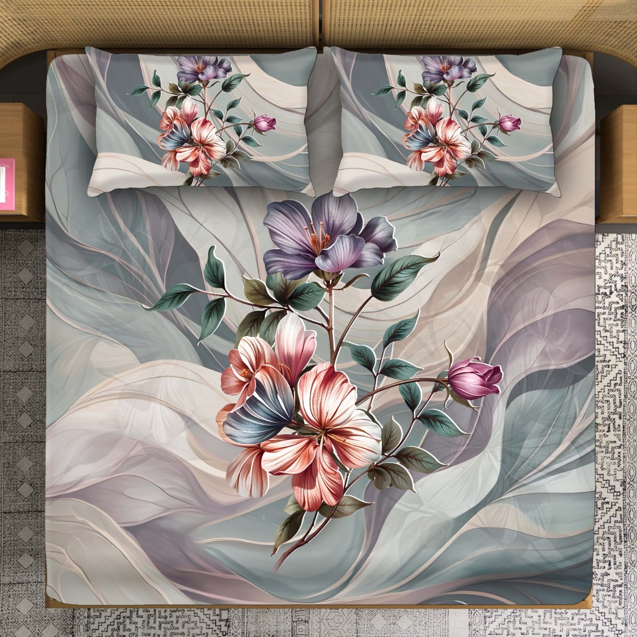 Coral & Lavender Floral on Swirling Wave Background Bedsheet