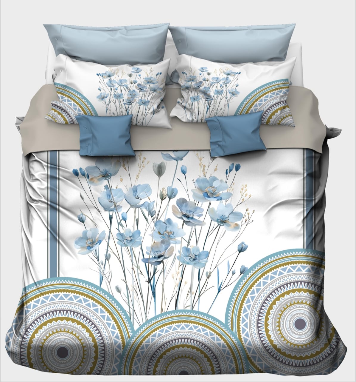 Serene Blue Flowers with Bohemian Mandalas Bedsheet