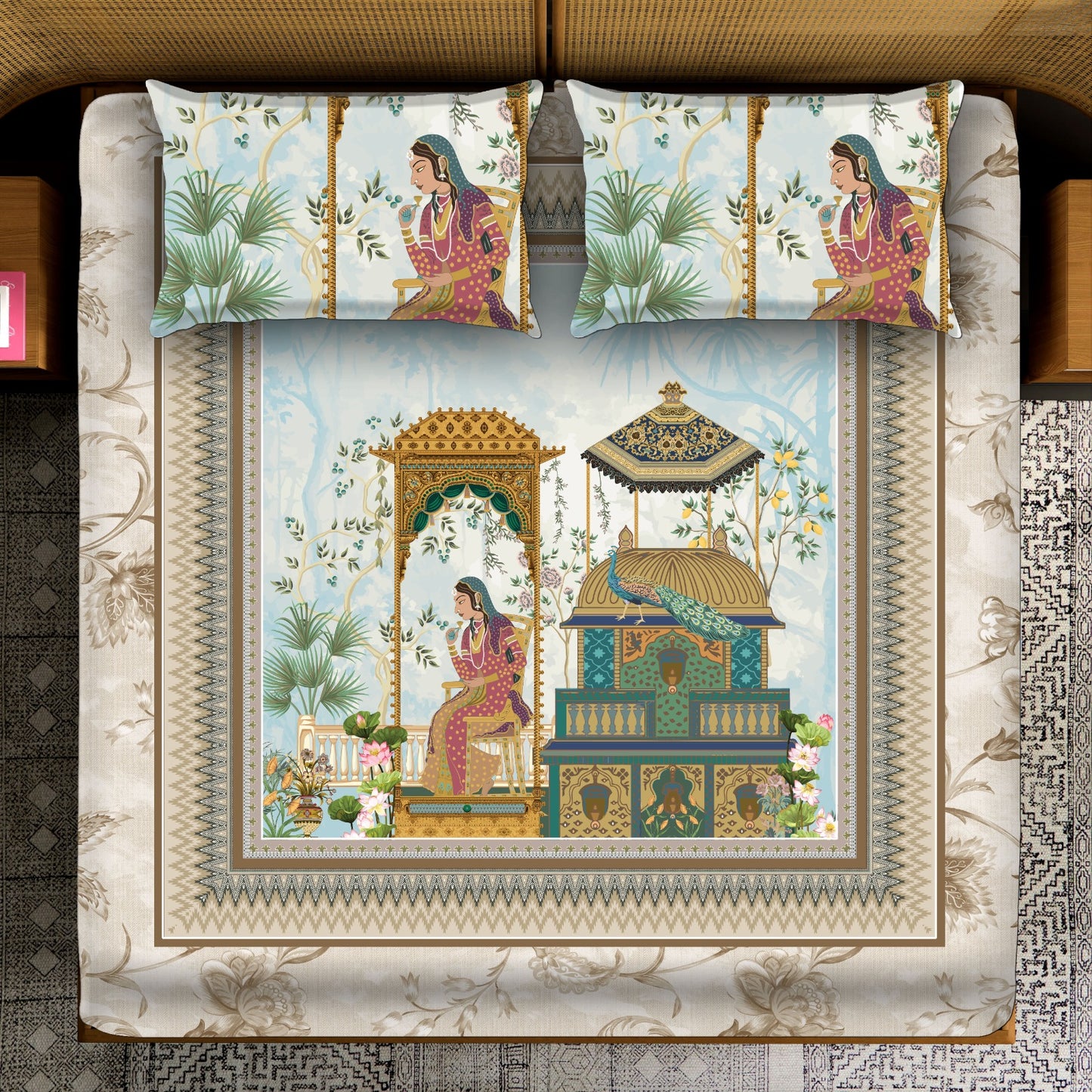 Abstract Midnight Blue Lotus & Fern Fronds Bedsheet