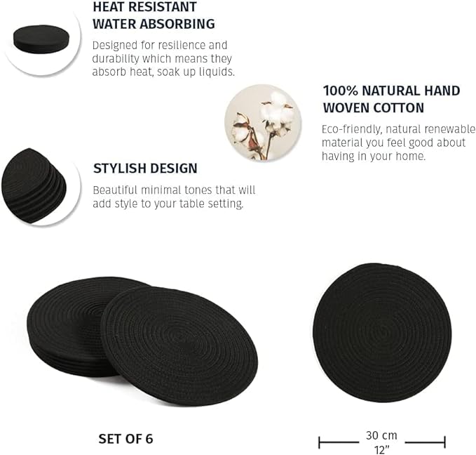 Hand-Woven Black Circular Cotton Placemats