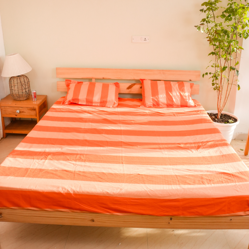 Sunset Stripe Bedsheet Set – Coral Orange & Cream (Bedsheet with 2 Pillow Covers)