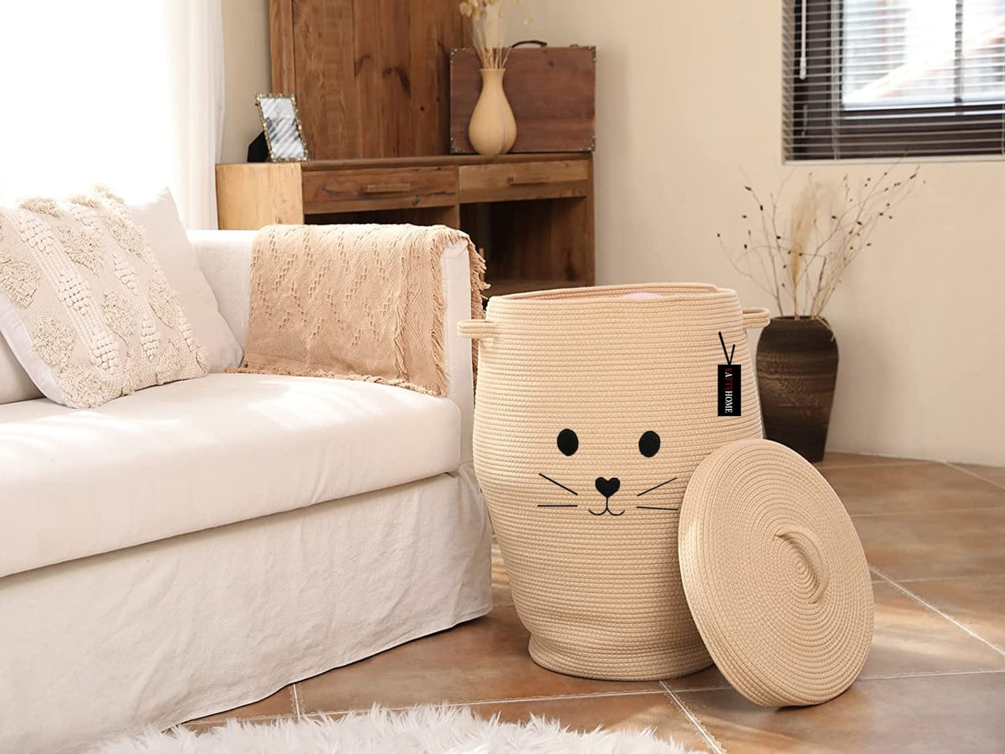 Natural Rope Hamper with Cat Face Design