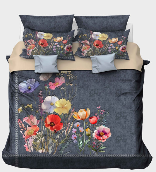 Vibrant Wildflowers on Dark Denim Background Bedsheet