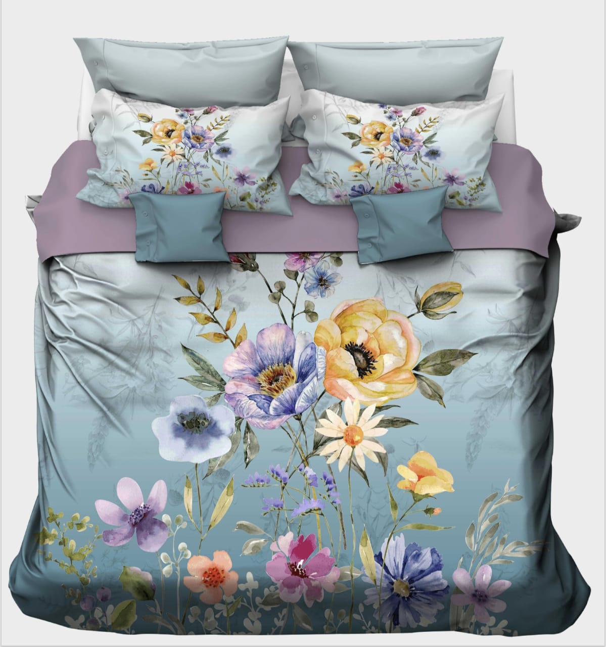Oversized Watercolor Floral on Sky Blue Bedsheet