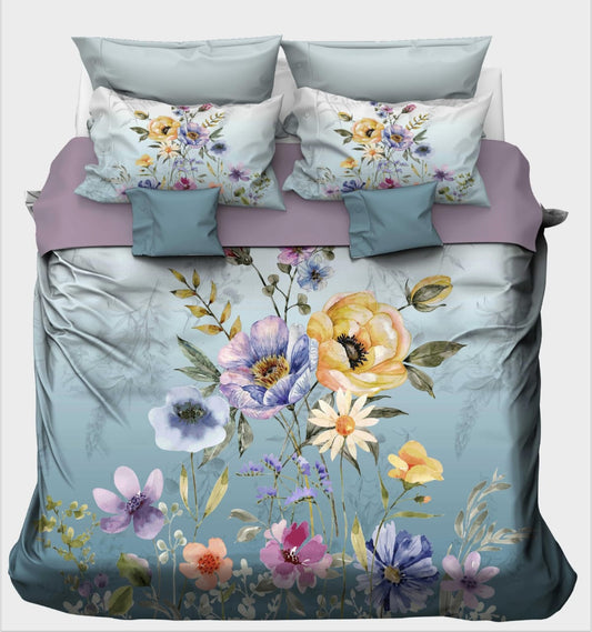 Oversized Watercolor Floral on Sky Blue Bedsheet