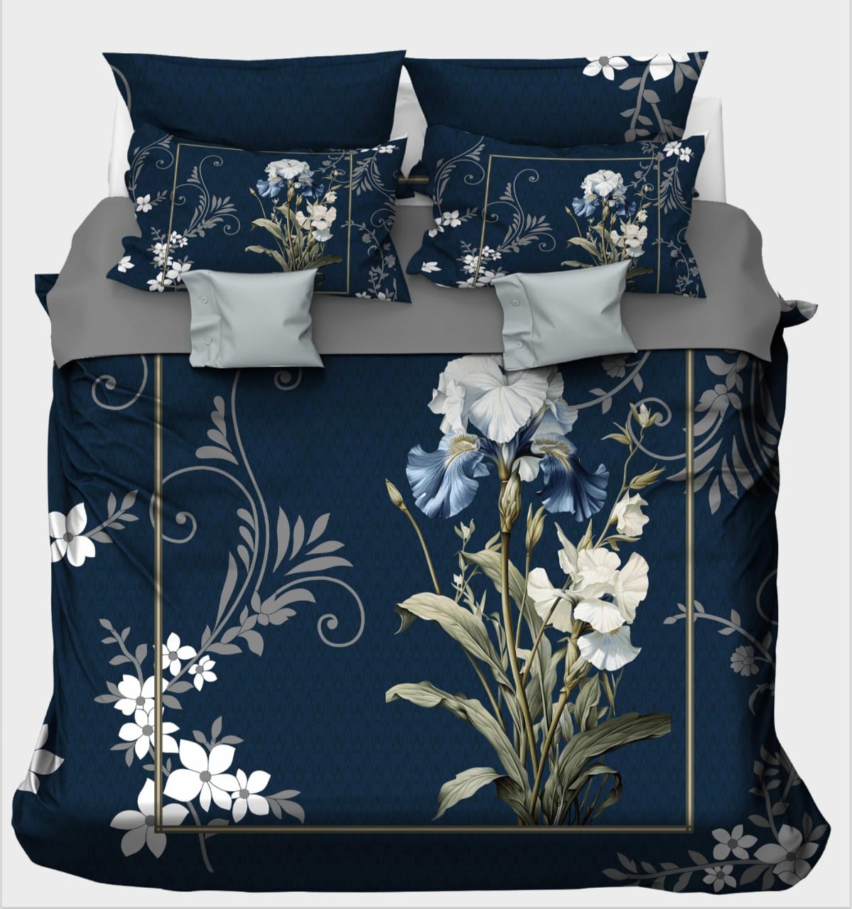 Navy Blue with White Irises & Gold Border Bedsheet
