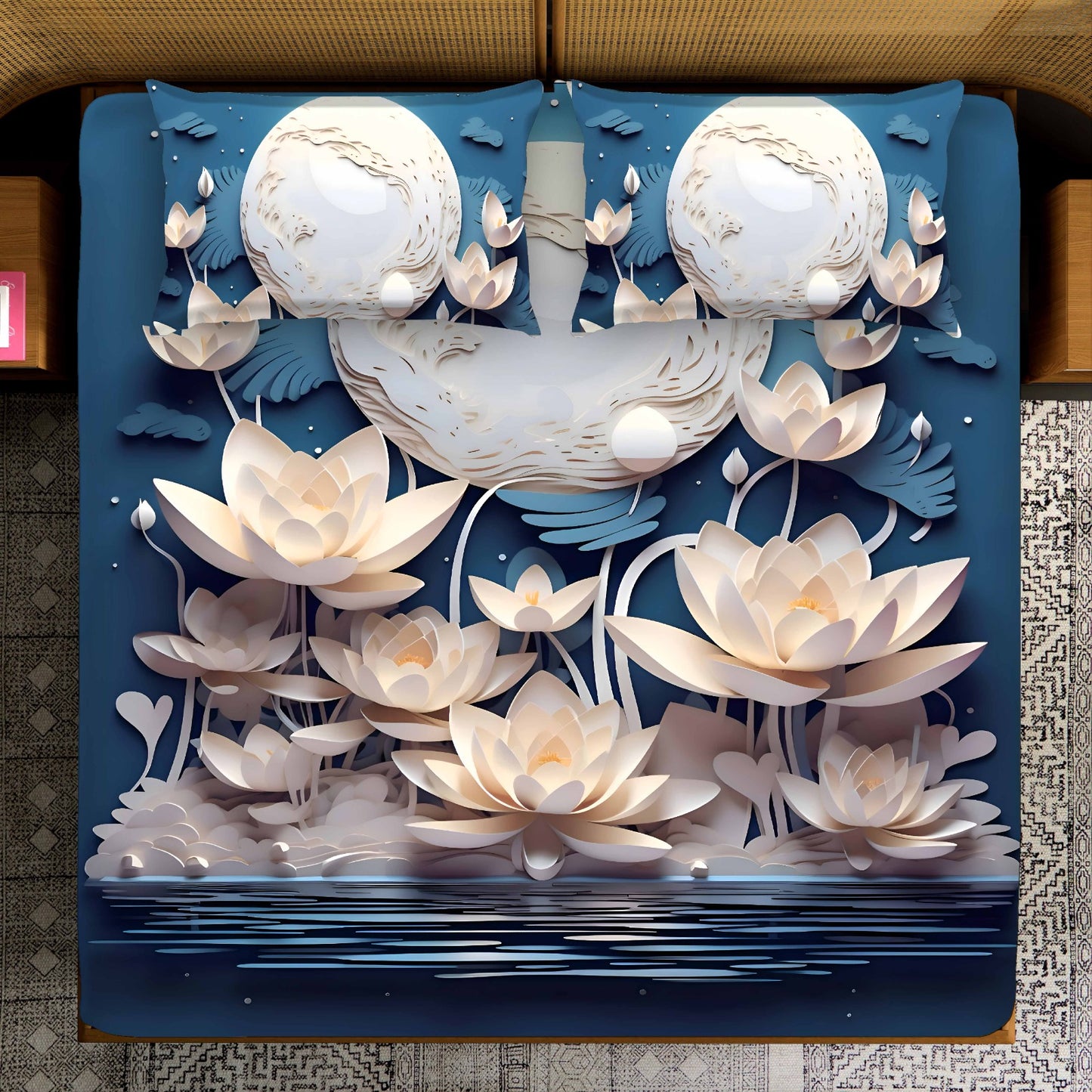 Midnight Blue 3D Paper-Cut Lotus & Moon Bedsheet