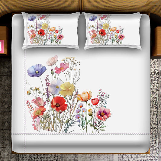 Vibrant Watercolor Wildflower Bouquet Bedsheet