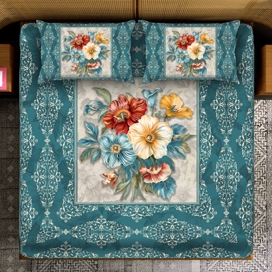 Jewel-Toned Floral with Teal Damask Border Bedsheet