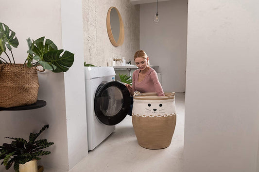 Tan and White Rope Hamper with Cat Face