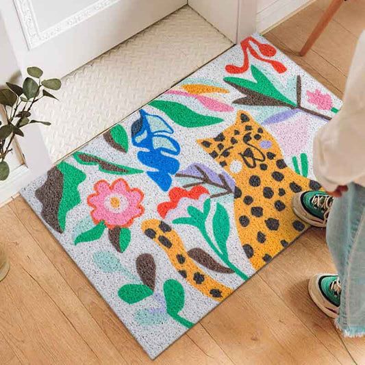 Abstract Jungle with Playful Leopard Doormat