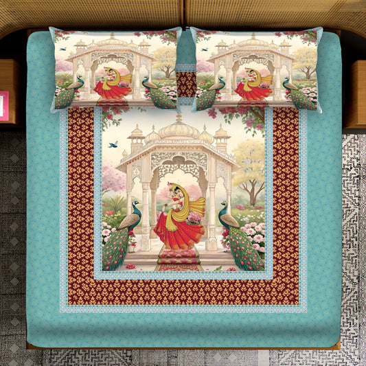 Traditional Indian Court with Peacocks Bedsheet