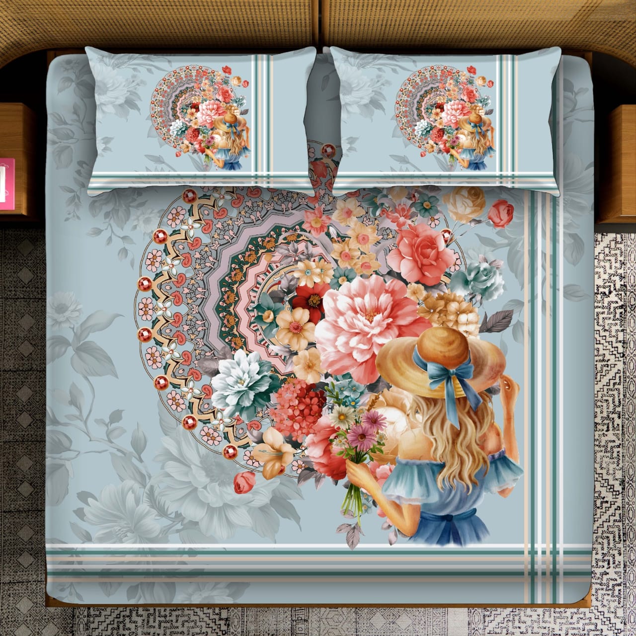 Romantic Woman with Sun Hat & Flowers Bedsheet