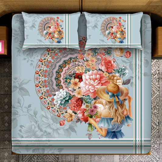 Romantic Woman with Sun Hat & Flowers Bedsheet