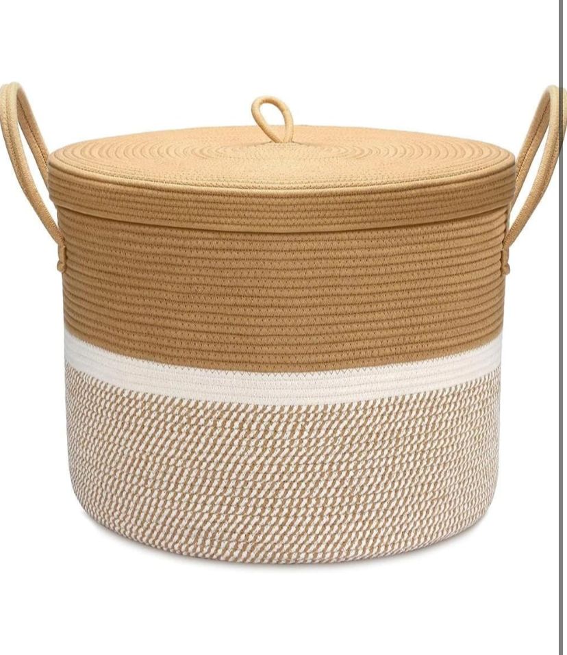 Tan and Cream Textured Weave Storage Basket