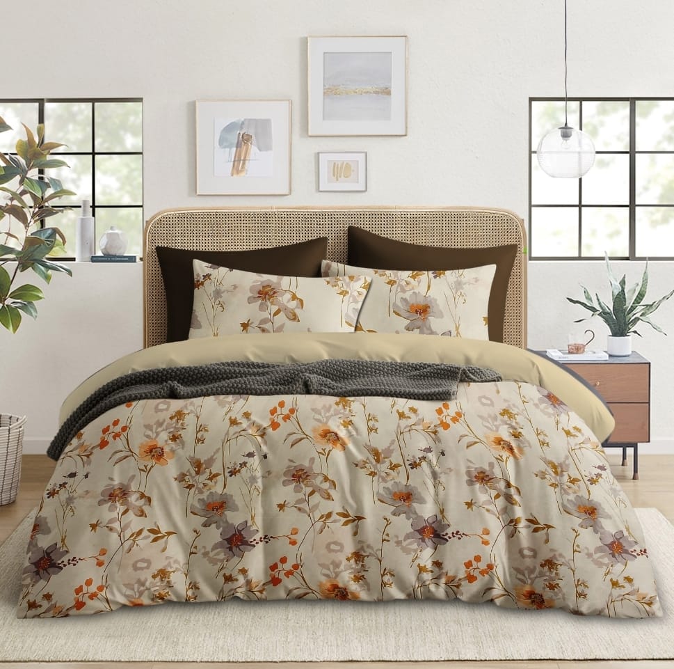 Earthy Beige, Brown, and Orange Floral Bedsheet