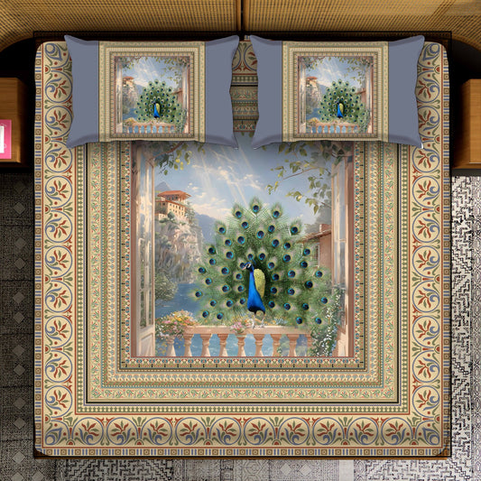 Mediterranean Peacock Balcony Mural Bedsheet