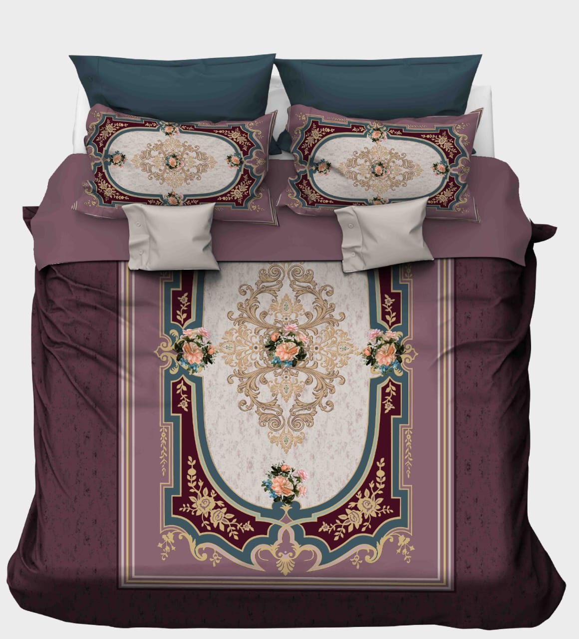 Aubergine & Teal Carpet-Style Brocade Bedsheet
