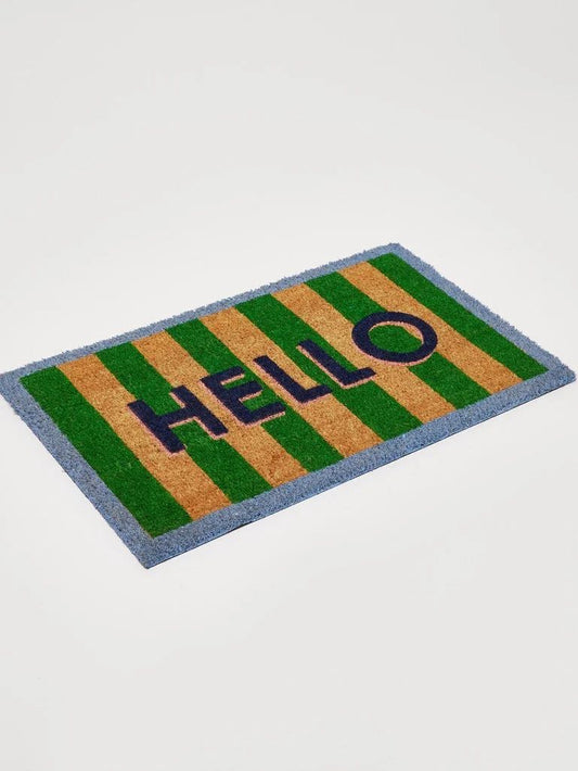 Green Stripe "HELLO" Natural Coir Doormat