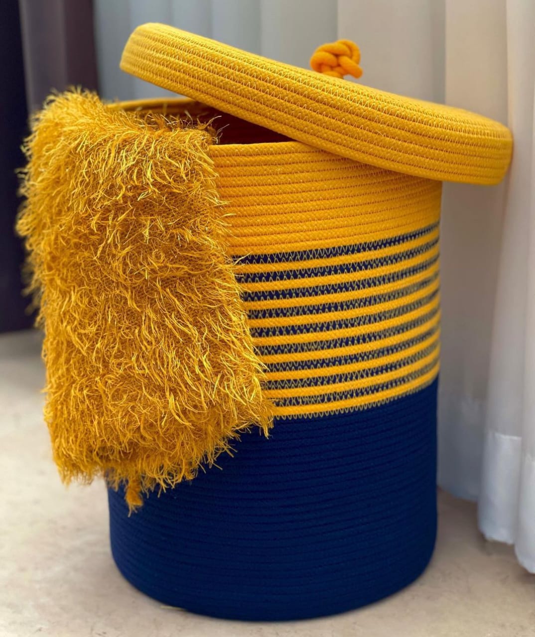 Yellow and Navy Striped Lidded Basket