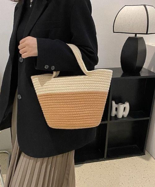 Beige and Tan Two-Tone Straw Tote Bag