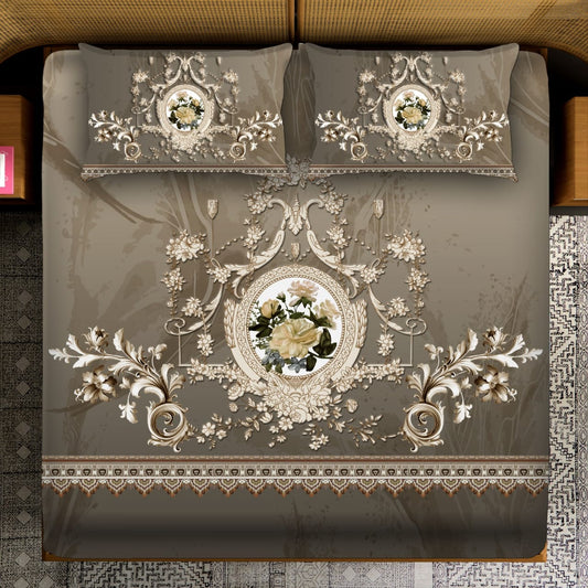 Antique Gold Floral Crest on Taupe Bedsheet