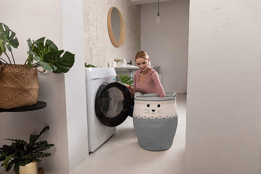 Gray and White Rope Hamper with Cat Face