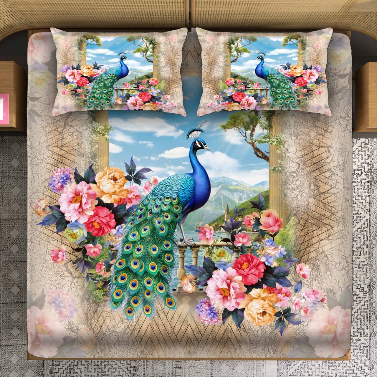 Majestic Peacock with Watercolor Roses Bedsheet