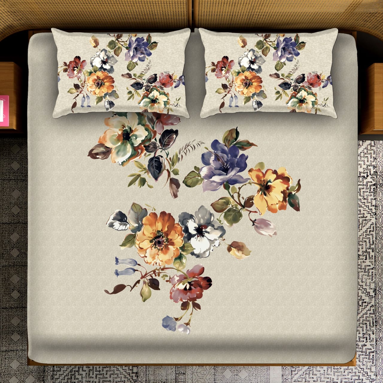 Muted Watercolor Floral Cluster on Beige Bedsheet