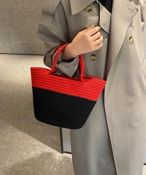 Red and Black Color Block Rope Tote Bag