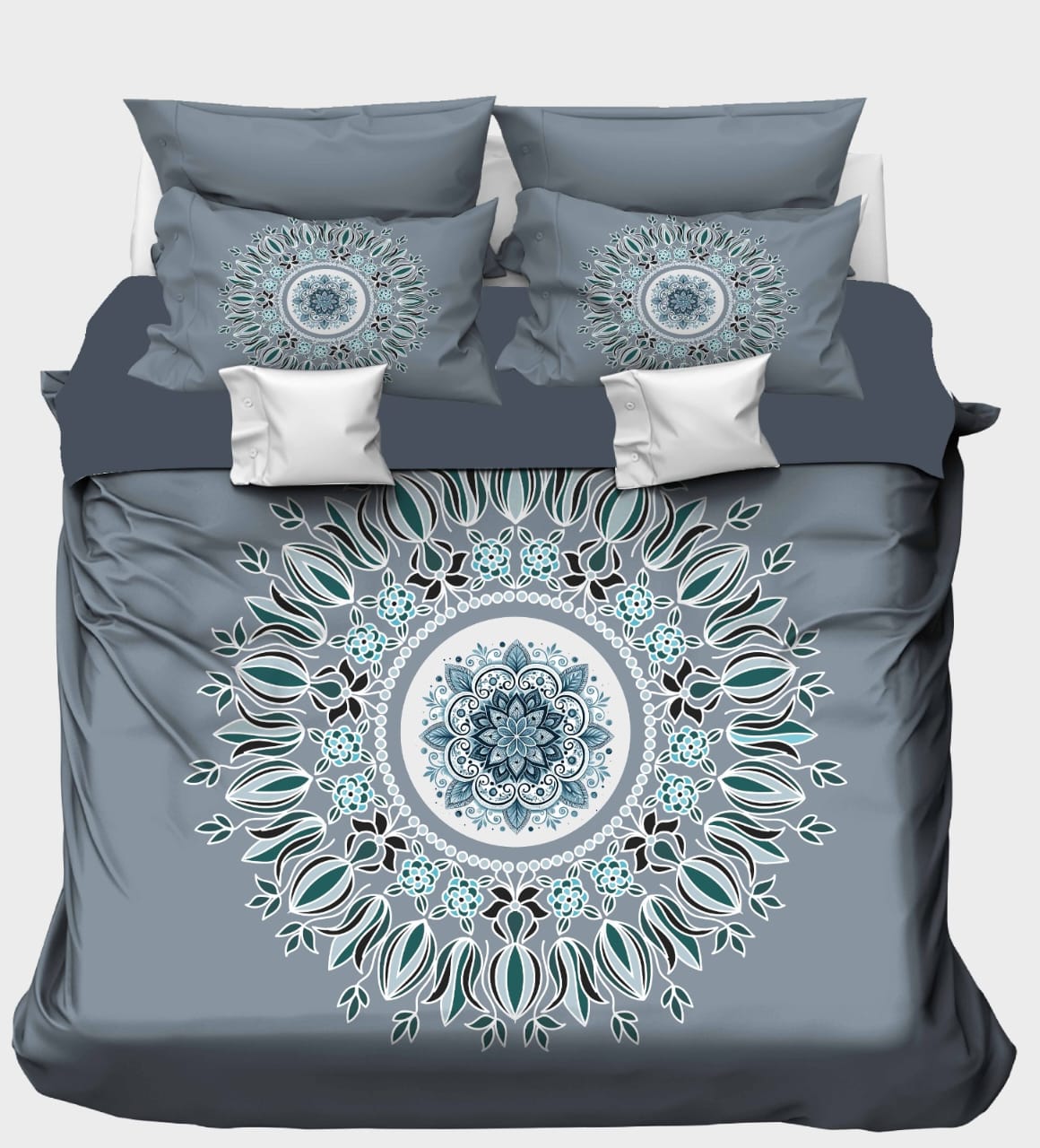 White & Teal Mandala on Solid Gray Bedsheet