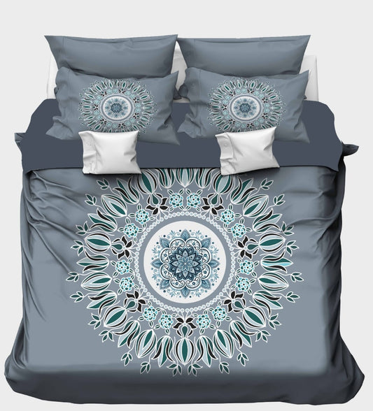 White & Teal Mandala on Solid Gray Bedsheet
