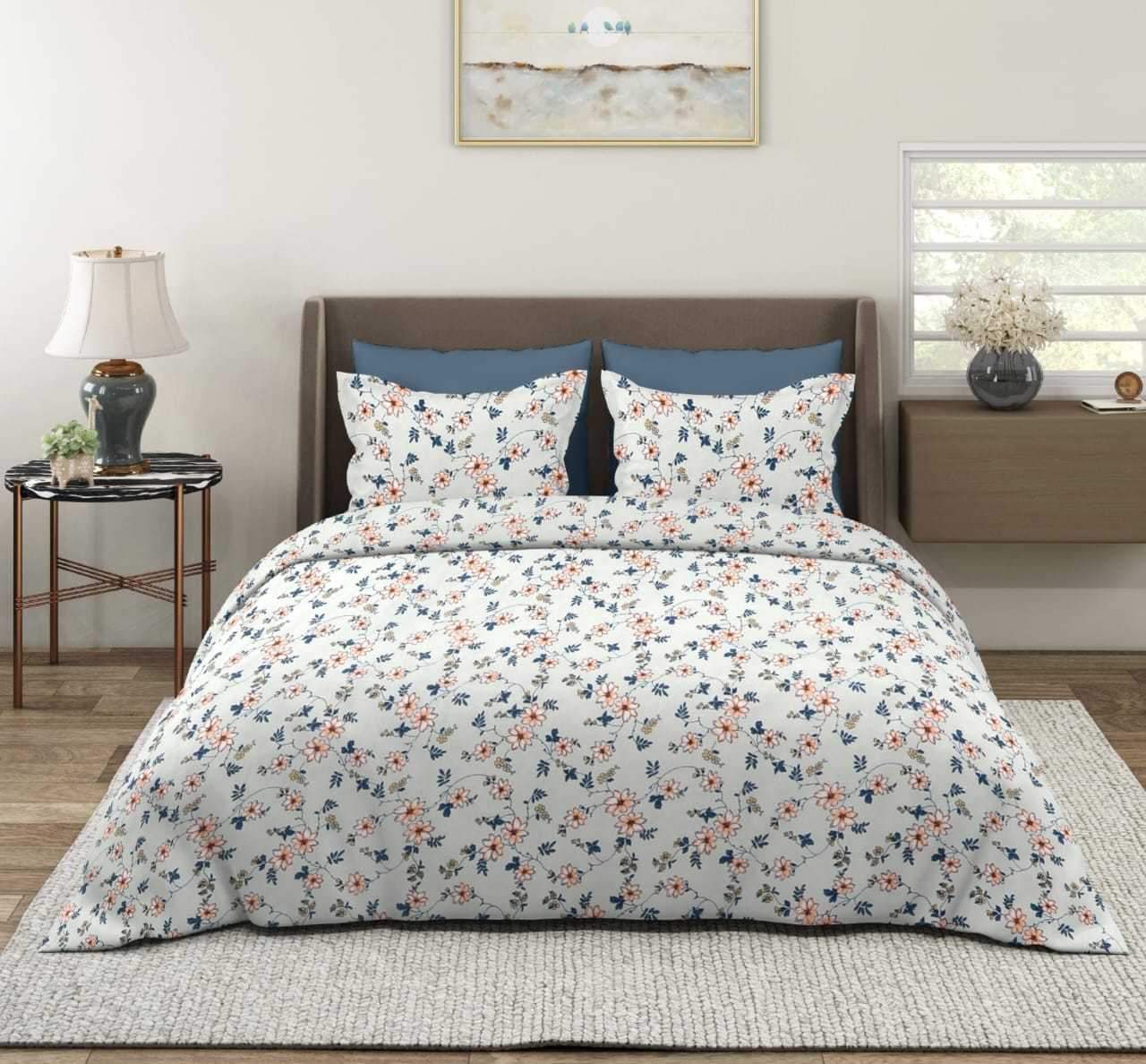 Burnt Orange & Navy Blue Floral Sprigs Bedsheet