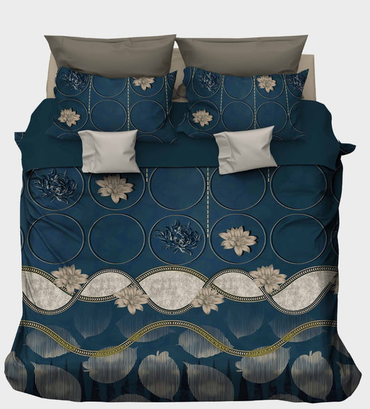 Navy Blue with Lotus Flowers & Gold Chain Border Bedsheet