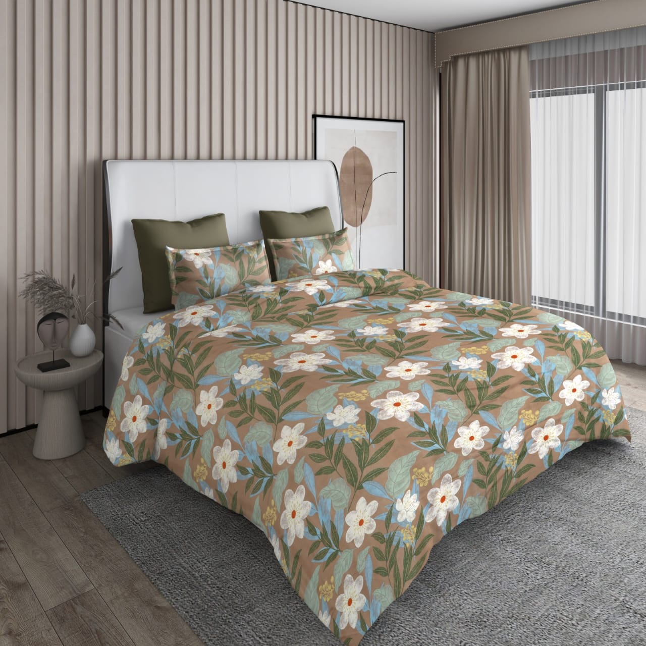 Cozy Sage Green Blossoms on Tan Bedsheet